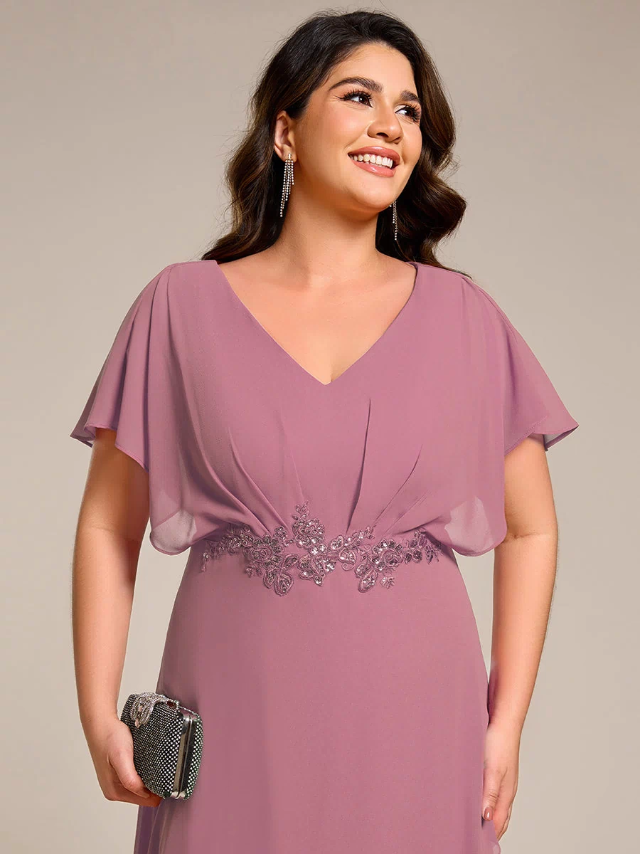 Plus Size Chiffon Midi A-Line Ruffle Sleeves Bridesmaid Dress #color_Purple Orchid
