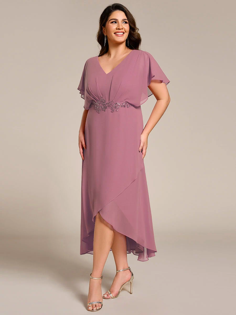 Plus Size Chiffon Midi A-Line Ruffle Sleeves Bridesmaid Dress #color_Purple Orchid