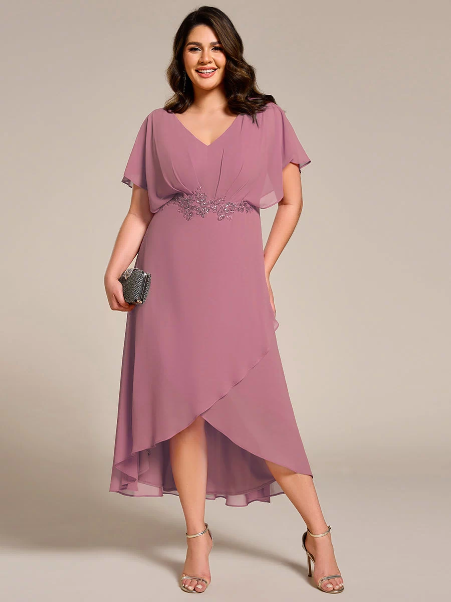 Plus Size Chiffon Midi A-Line Ruffle Sleeves Bridesmaid Dress #color_Purple Orchid
