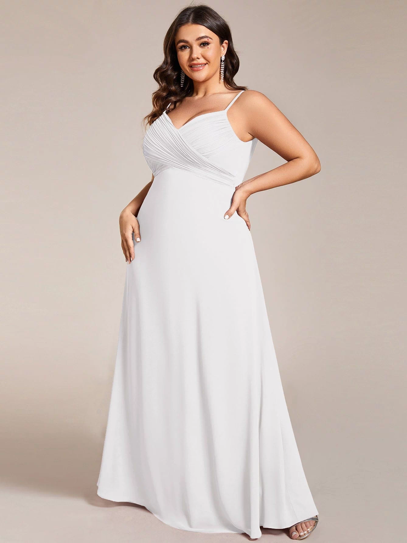 Plus Size Draped Back Criss-Cross Chiffon A-Line Dress #color_White