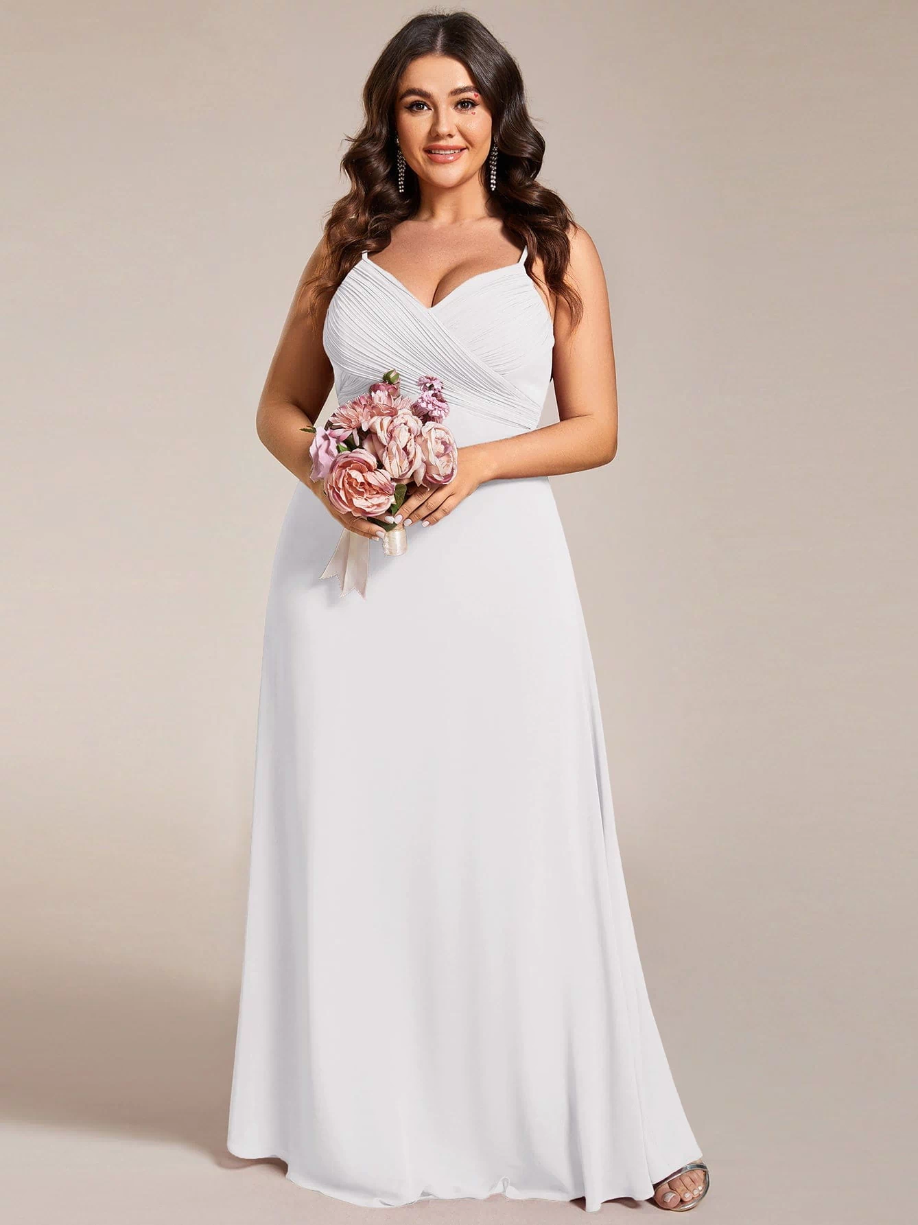 Plus Size Draped Back Criss-Cross Chiffon A-Line Dress #color_White