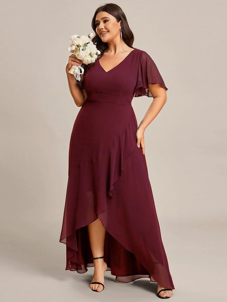 Plus Size Elegant Lotus Sleeves Chiffon Bridesmaid Dress #color_Burgundy