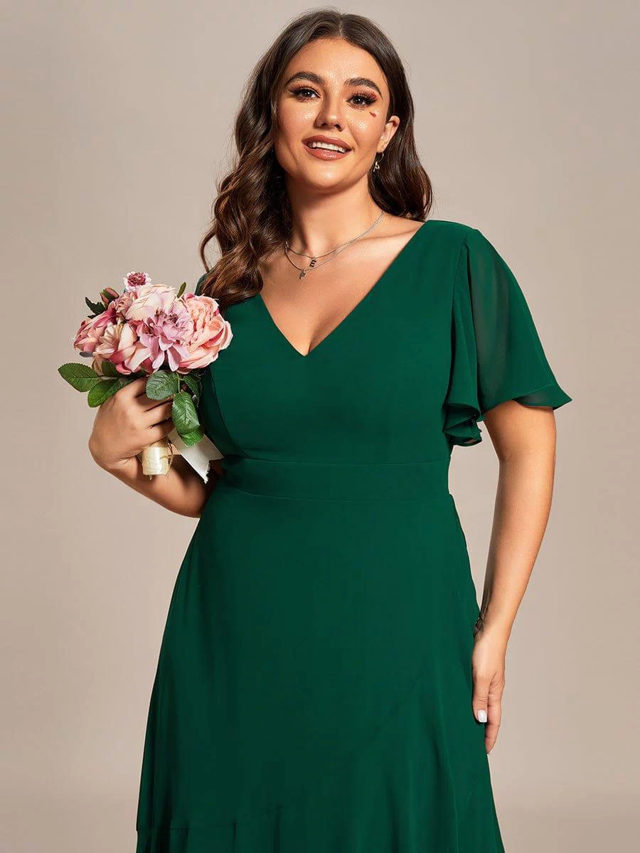 Plus Size Elegant Lotus Sleeves Chiffon Bridesmaid Dress #color_Dark Green
