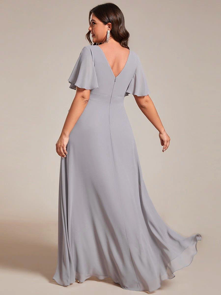 Plus Size Elegant Lotus Sleeves Chiffon Bridesmaid Dress #color_Grey