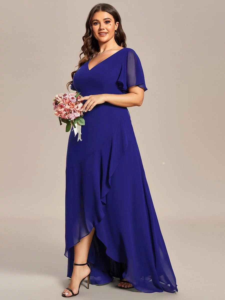 Plus Size Elegant Lotus Sleeves Chiffon Bridesmaid Dress #color_Sapphire Blue