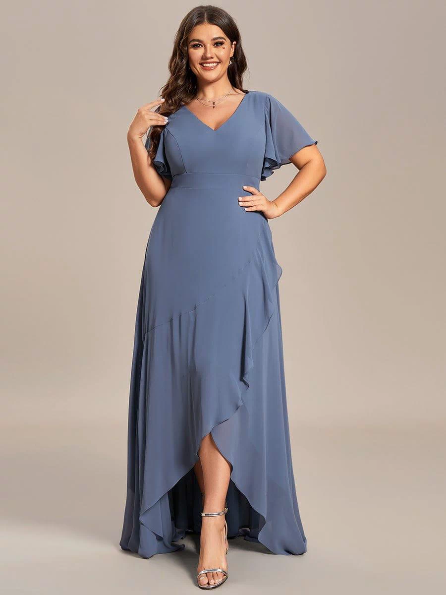 Plus Size Elegant Lotus Sleeves Chiffon Bridesmaid Dress #color_Dusty Blue
