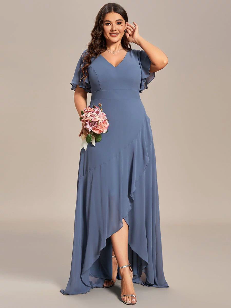 Plus Size Elegant Lotus Sleeves Chiffon Bridesmaid Dress #color_Dusty Blue
