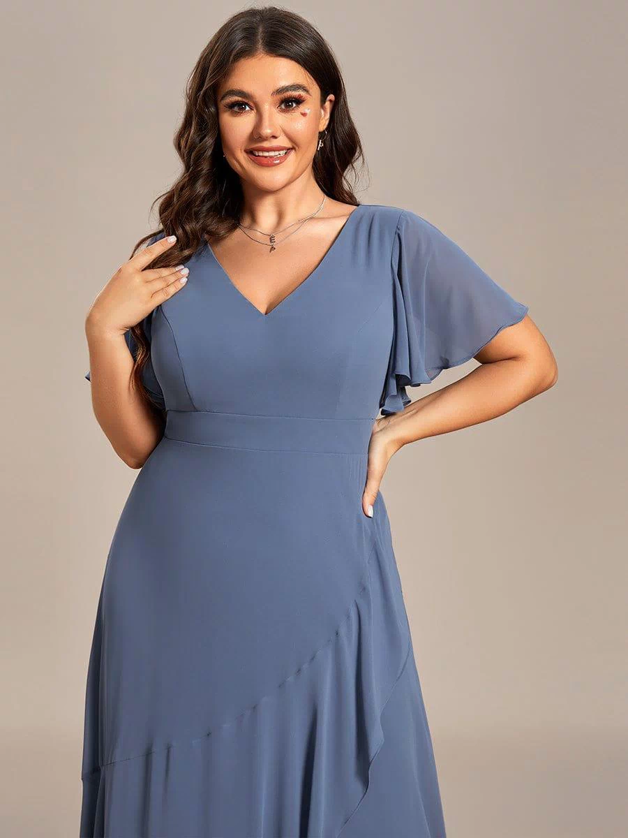 Plus Size Elegant Lotus Sleeves Chiffon Bridesmaid Dress #color_Dusty Blue