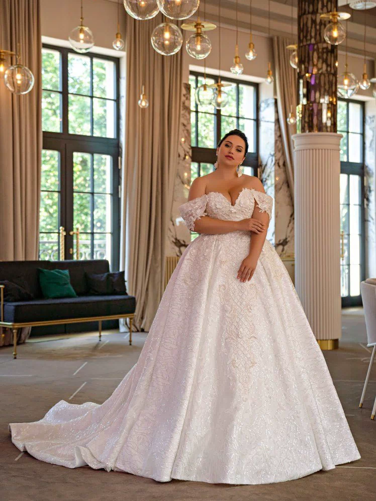 Plus Size Off Shoulder Wedding Dress with Sequin Embroidered Lace and Removable Wing Straps - NOELLE