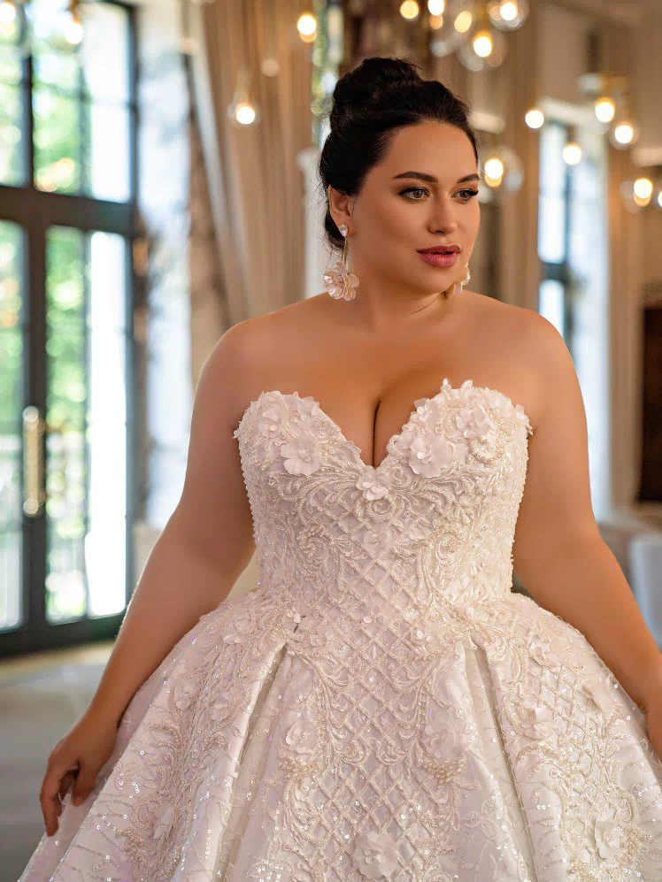 Plus Size Off Shoulder Wedding Dress with Sequin Embroidered Lace and Removable Wing Straps - NOELLE - WonderlandByLilian