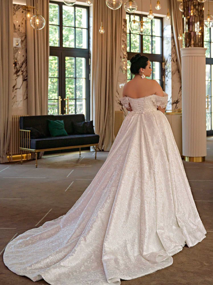 Plus Size Off Shoulder Wedding Dress with Sequin Embroidered Lace and Removable Wing Straps - NOELLE - WonderlandByLilian