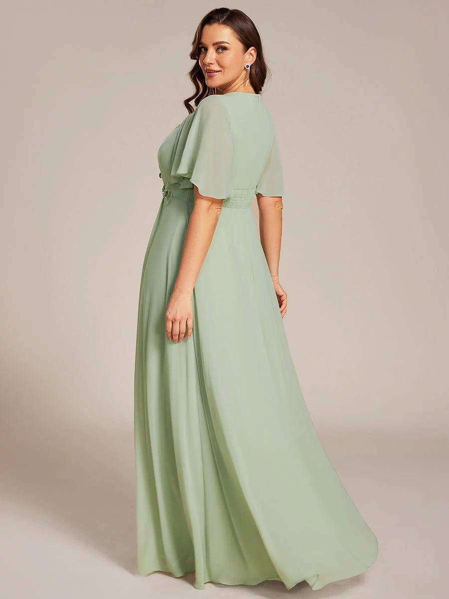 Plus Size Pleated Waist Applique Maxi Bridesmaid Dress #color_Mint Green