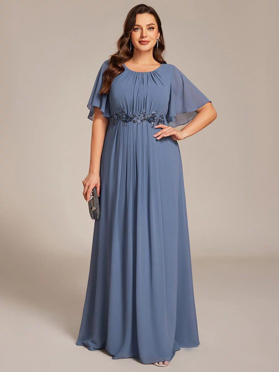 Plus Size Pleated Waist Applique Maxi Bridesmaid Dress #color_Dusty Blue