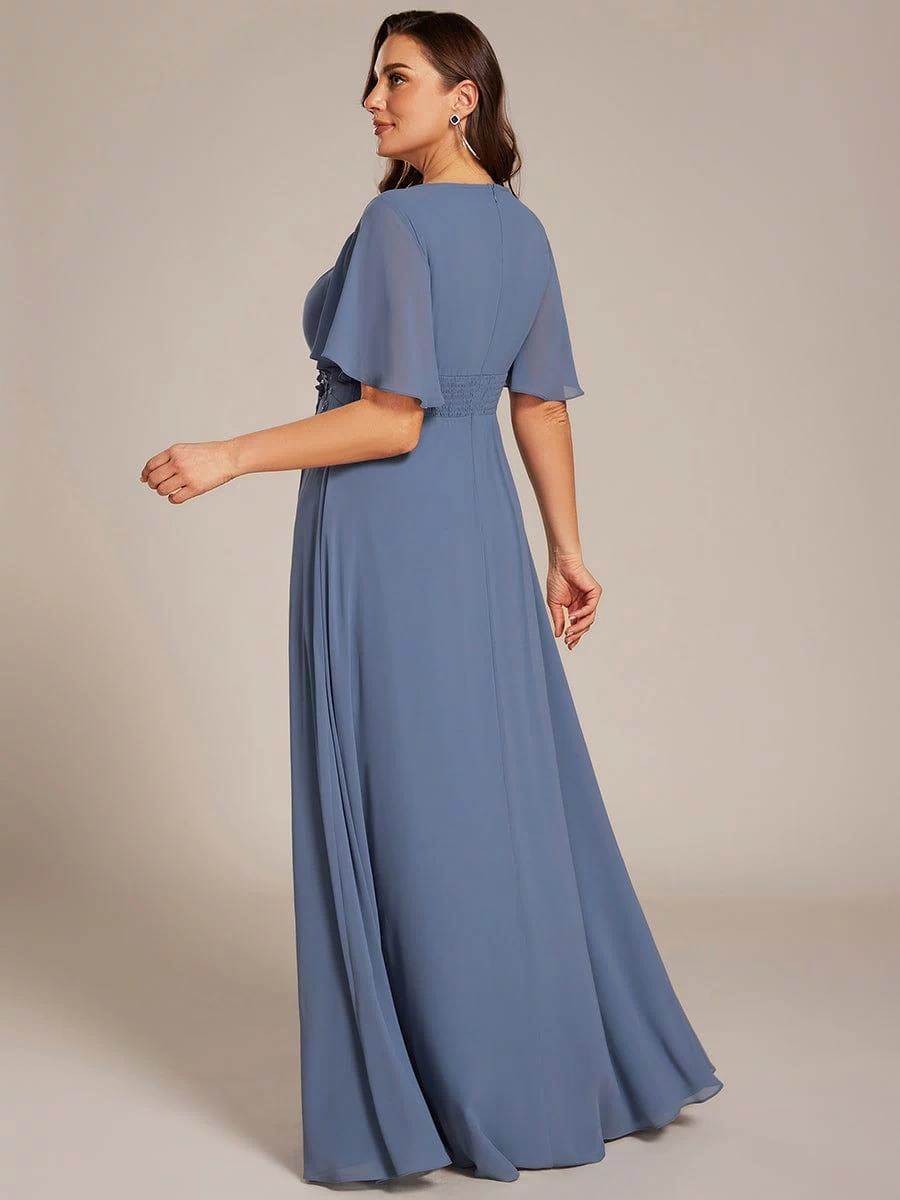 Plus Size Pleated Waist Applique Maxi Bridesmaid Dress #color_Dusty Blue