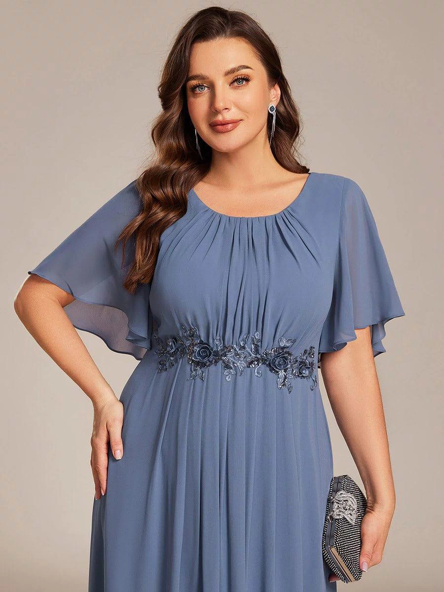Plus Size Pleated Waist Applique Maxi Bridesmaid Dress #color_Dusty Blue
