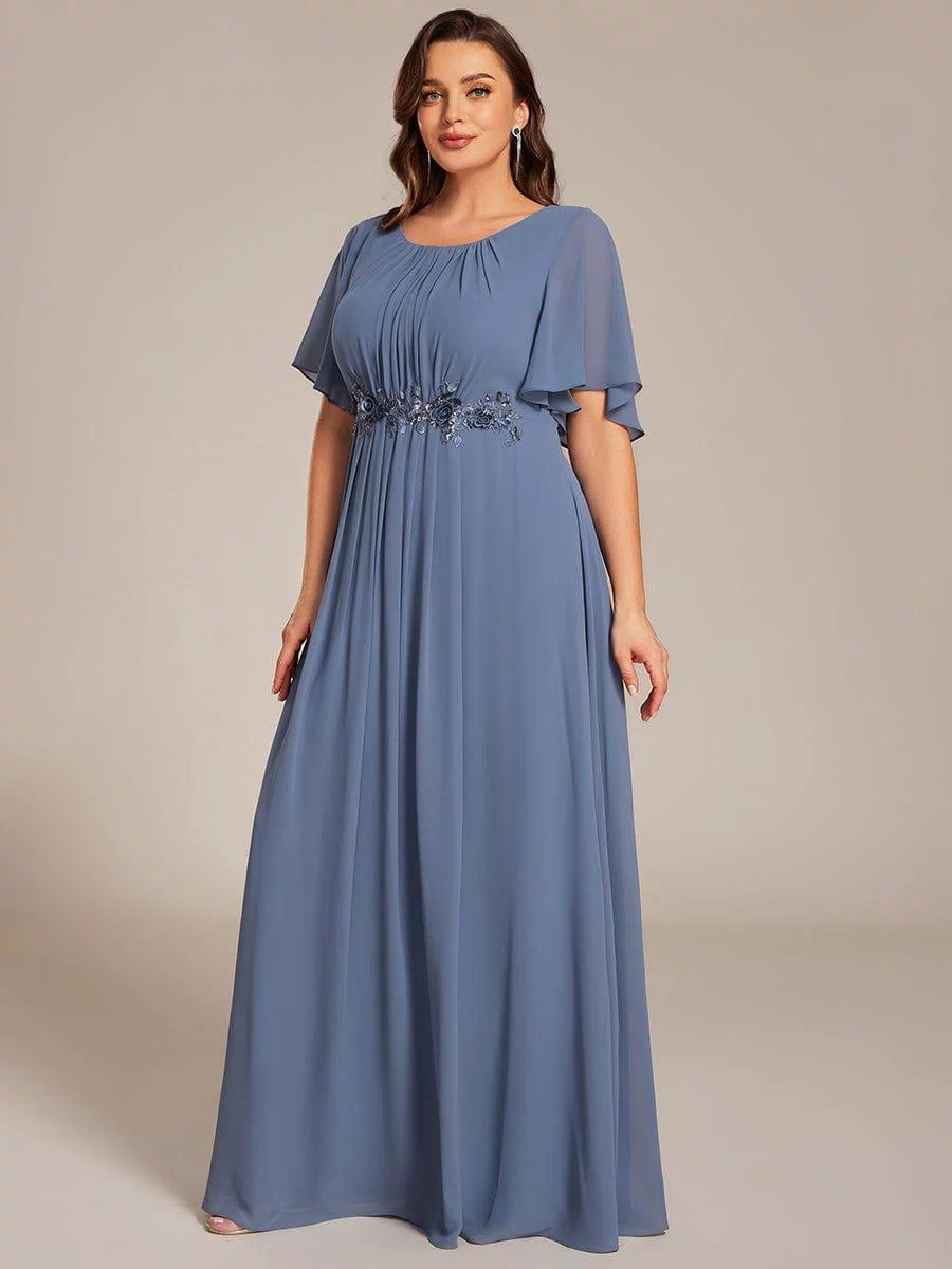 Plus Size Pleated Waist Applique Maxi Bridesmaid Dress #color_Dusty Blue