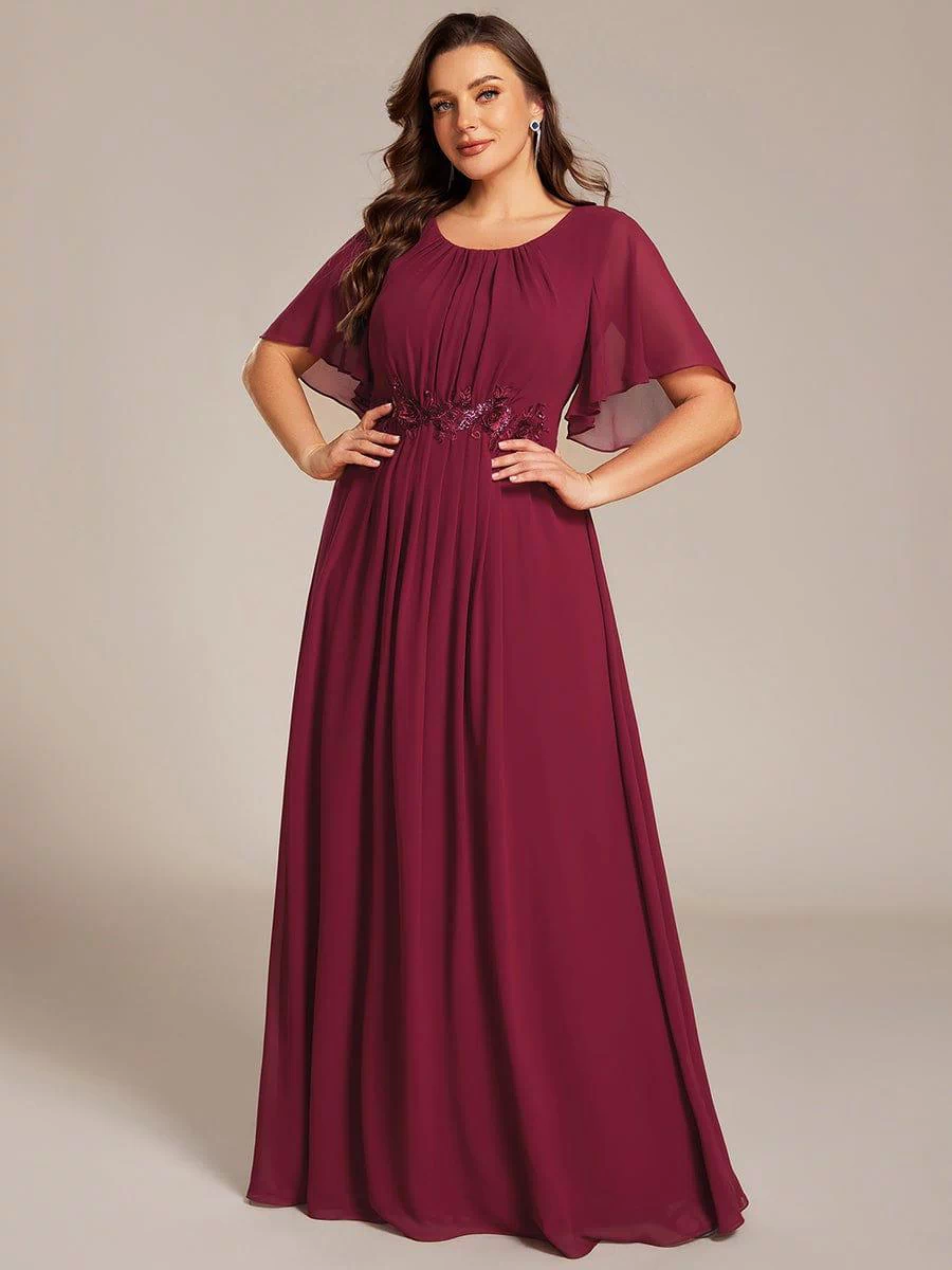 Plus Size Pleated Waist Applique Maxi Bridesmaid Dress #color_Burgundy
