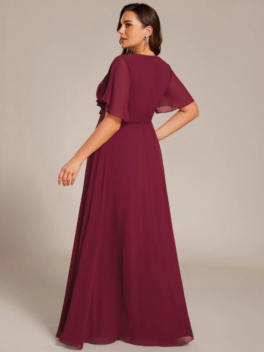 Plus Size Pleated Waist Applique Maxi Bridesmaid Dress #color_Burgundy