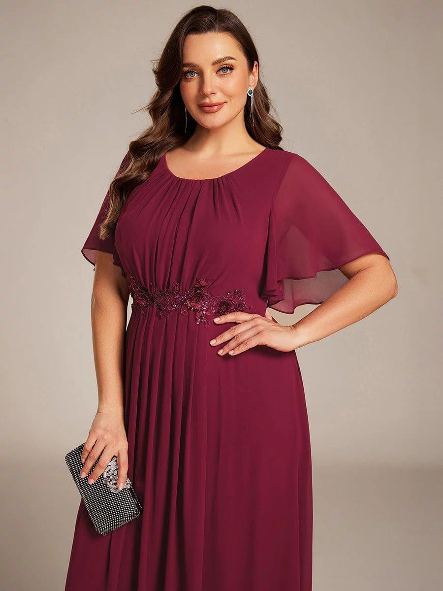 Plus Size Pleated Waist Applique Maxi Bridesmaid Dress #color_Burgundy