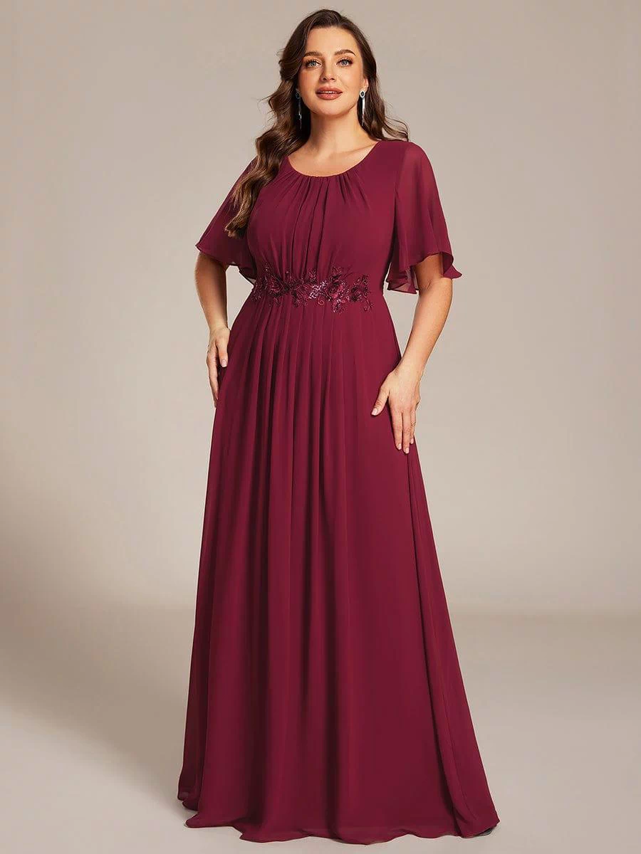 Plus Size Pleated Waist Applique Maxi Bridesmaid Dress #color_Burgundy