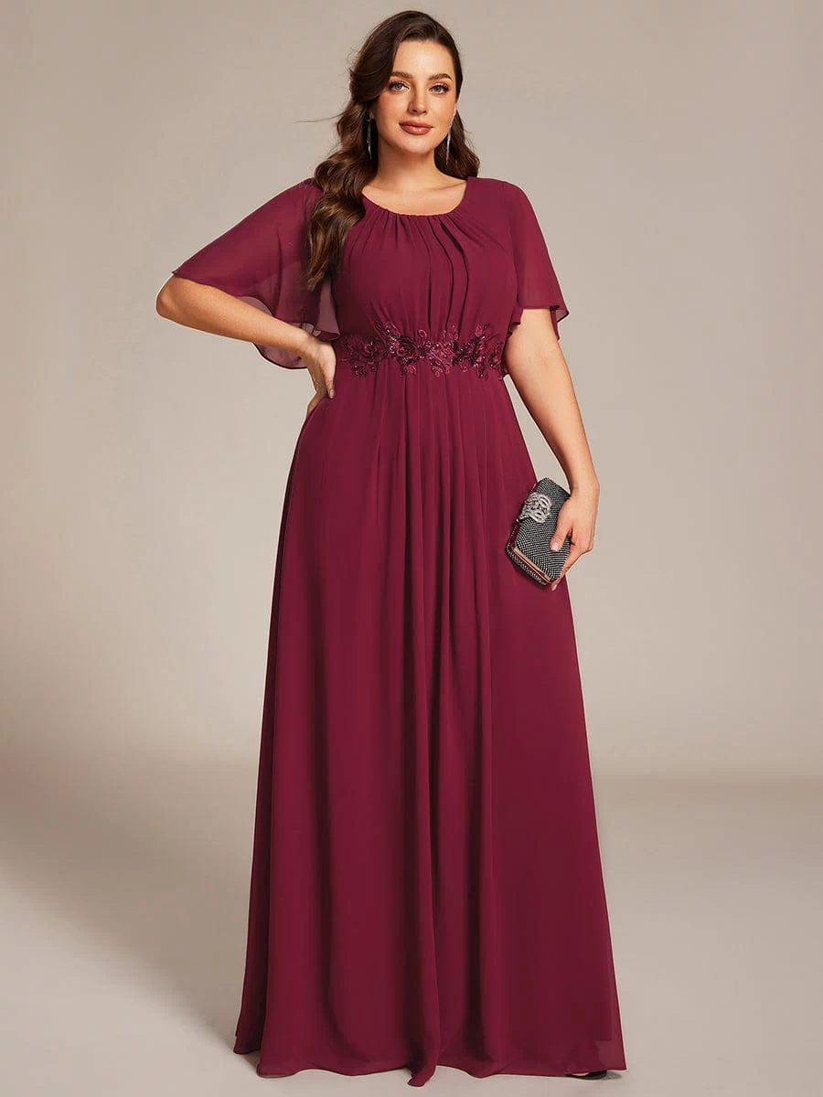 Plus Size Pleated Waist Applique Maxi Bridesmaid Dress #color_Burgundy