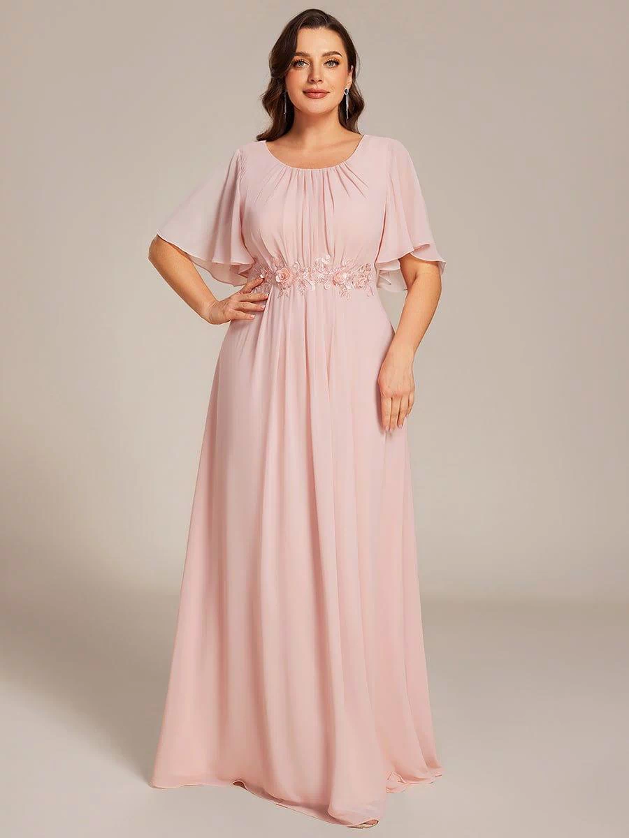 Plus Size Pleated Waist Applique Maxi Bridesmaid Dress #color_Pink