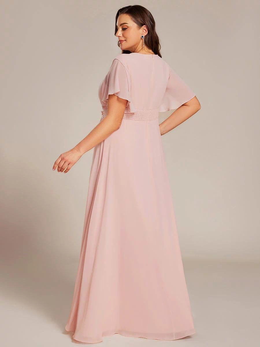 Plus Size Pleated Waist Applique Maxi Bridesmaid Dress #color_Pink