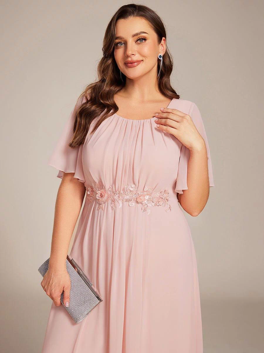 Plus Size Pleated Waist Applique Maxi Bridesmaid Dress #color_Pink
