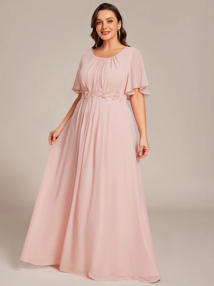 Plus Size Pleated Waist Applique Maxi Bridesmaid Dress #color_Pink