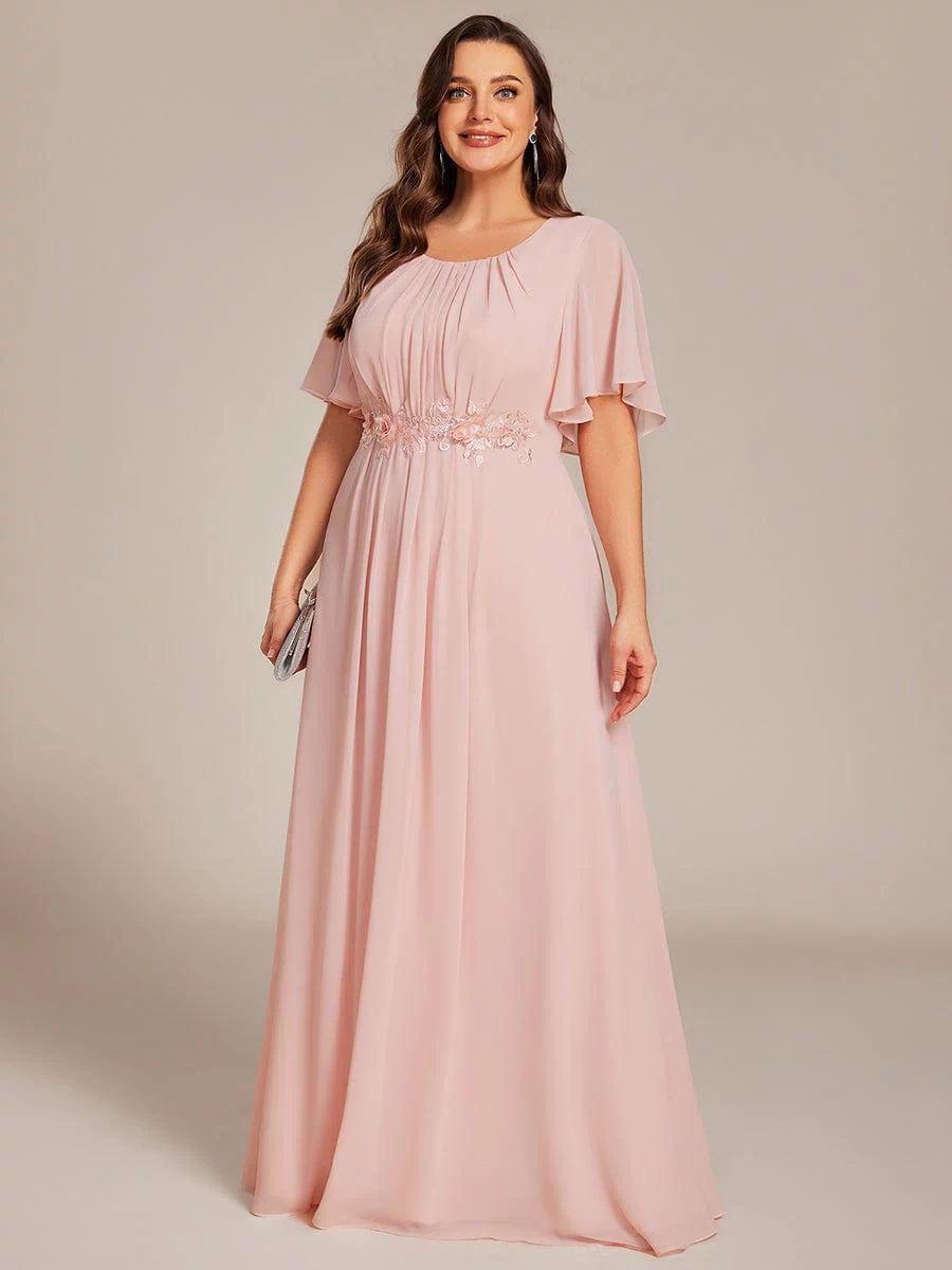 Plus Size Pleated Waist Applique Maxi Bridesmaid Dress #color_Pink