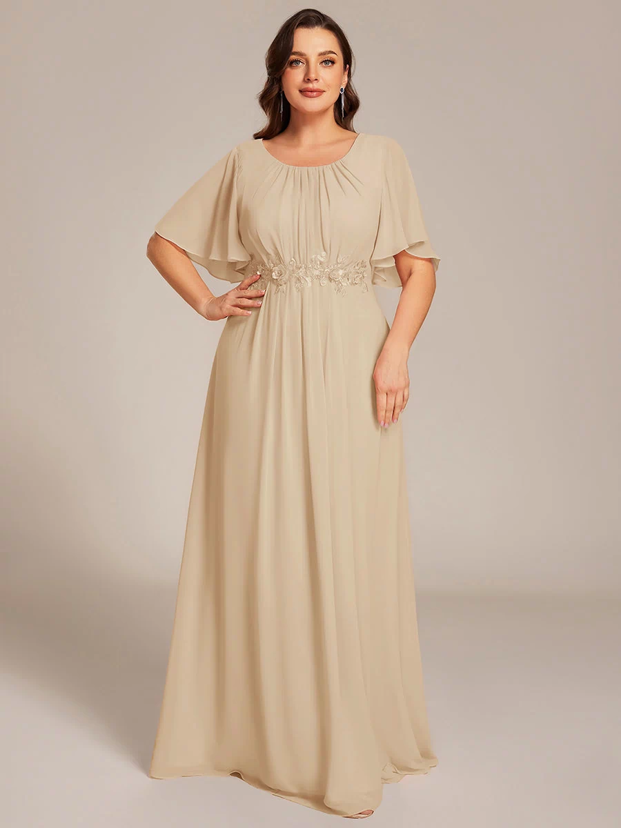 Plus Size Pleated Waist Applique Maxi Bridesmaid Dress #color_Champagne
