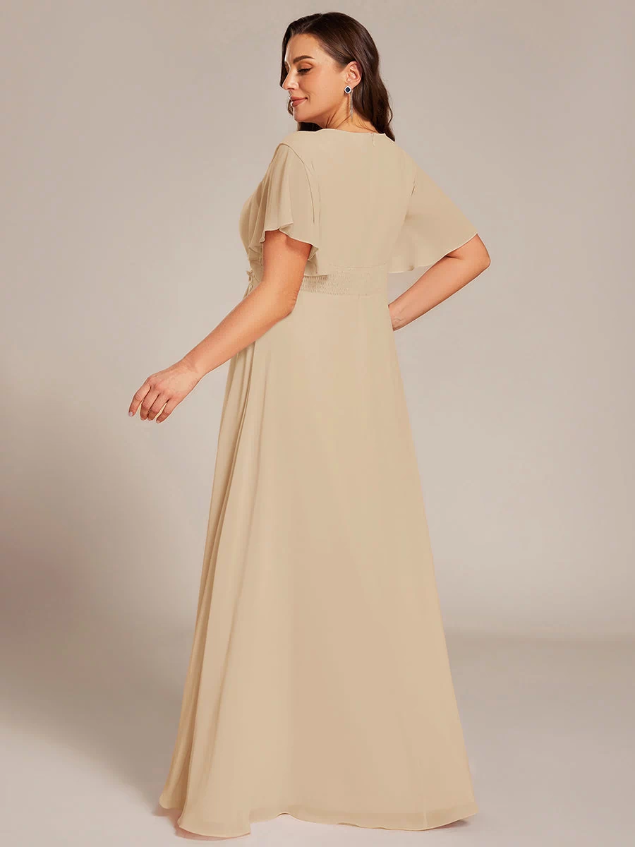 Plus Size Pleated Waist Applique Maxi Bridesmaid Dress #color_Champagne