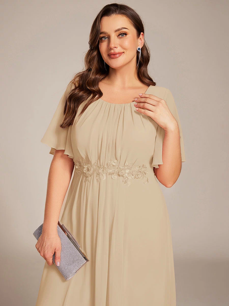 Plus Size Pleated Waist Applique Maxi Bridesmaid Dress #color_Champagne