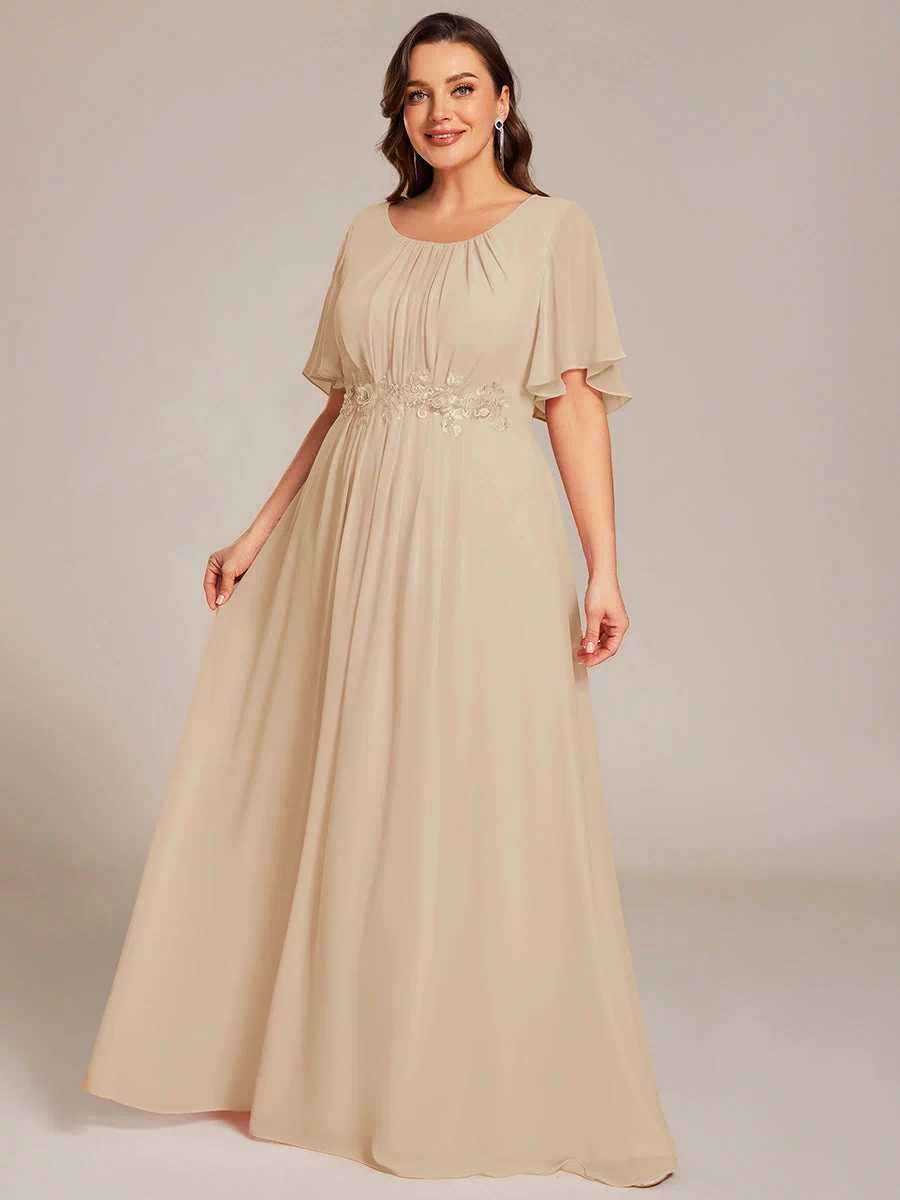 Plus Size Pleated Waist Applique Maxi Bridesmaid Dress #color_Champagne