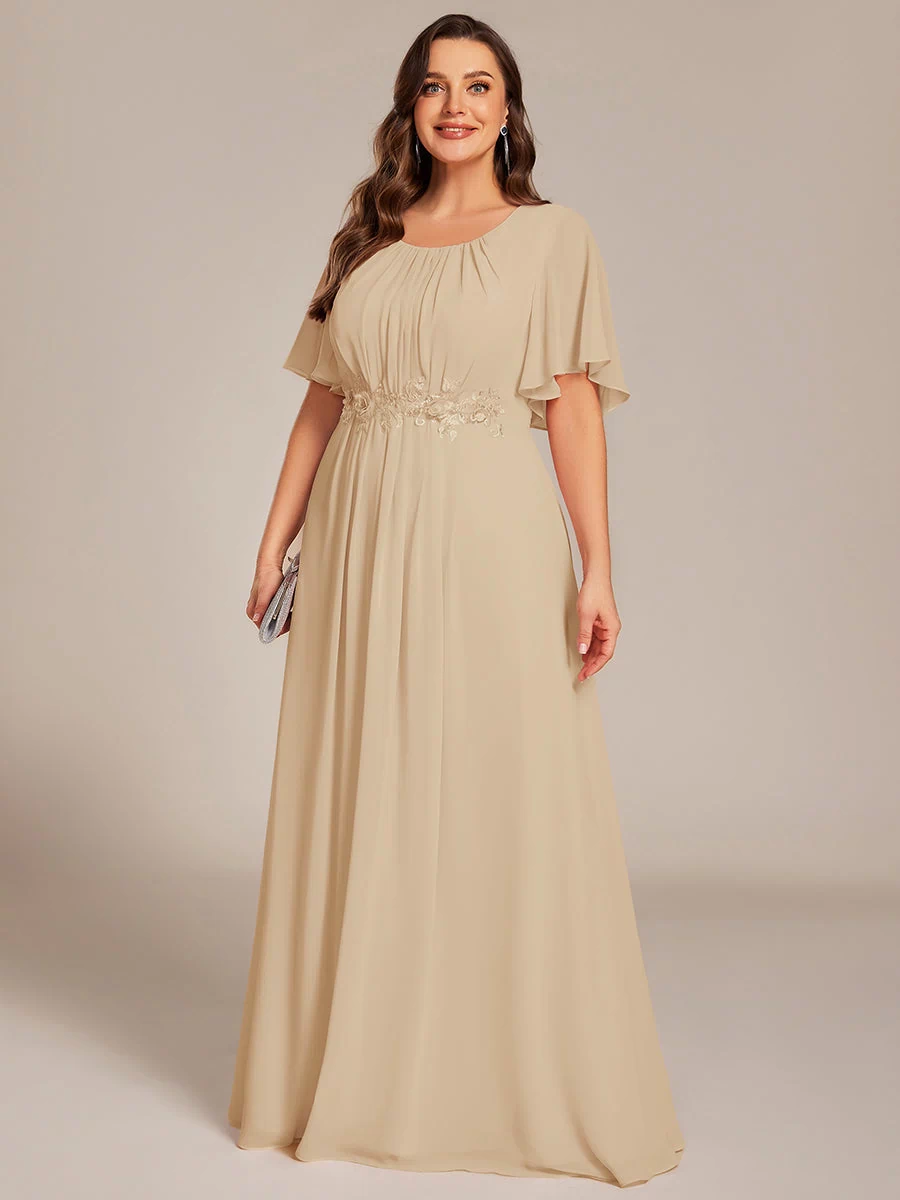 Plus Size Pleated Waist Applique Maxi Bridesmaid Dress #color_Champagne