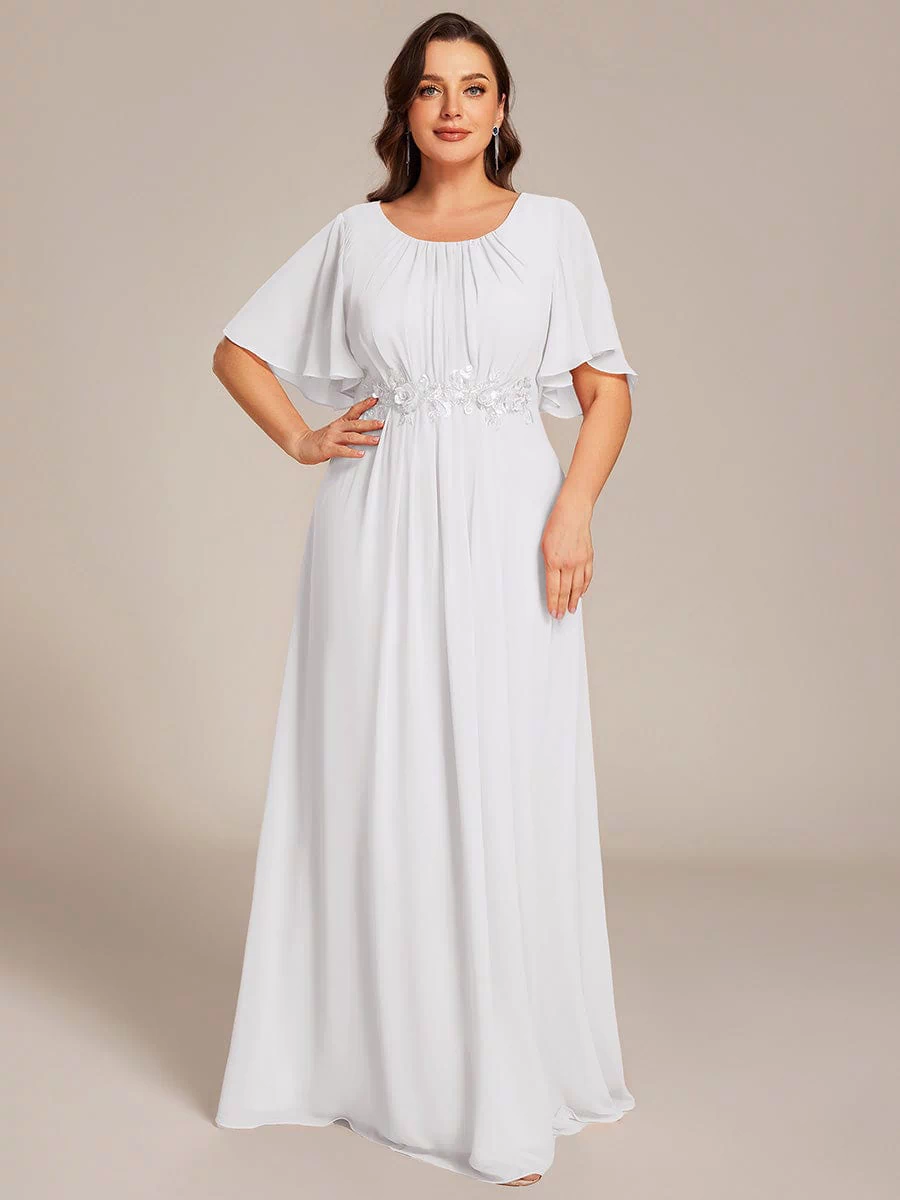 Plus Size Pleated Waist Applique Maxi Bridesmaid Dress #color_White