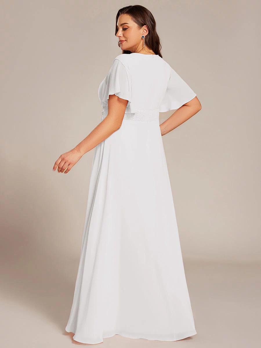 Plus Size Pleated Waist Applique Maxi Bridesmaid Dress #color_White