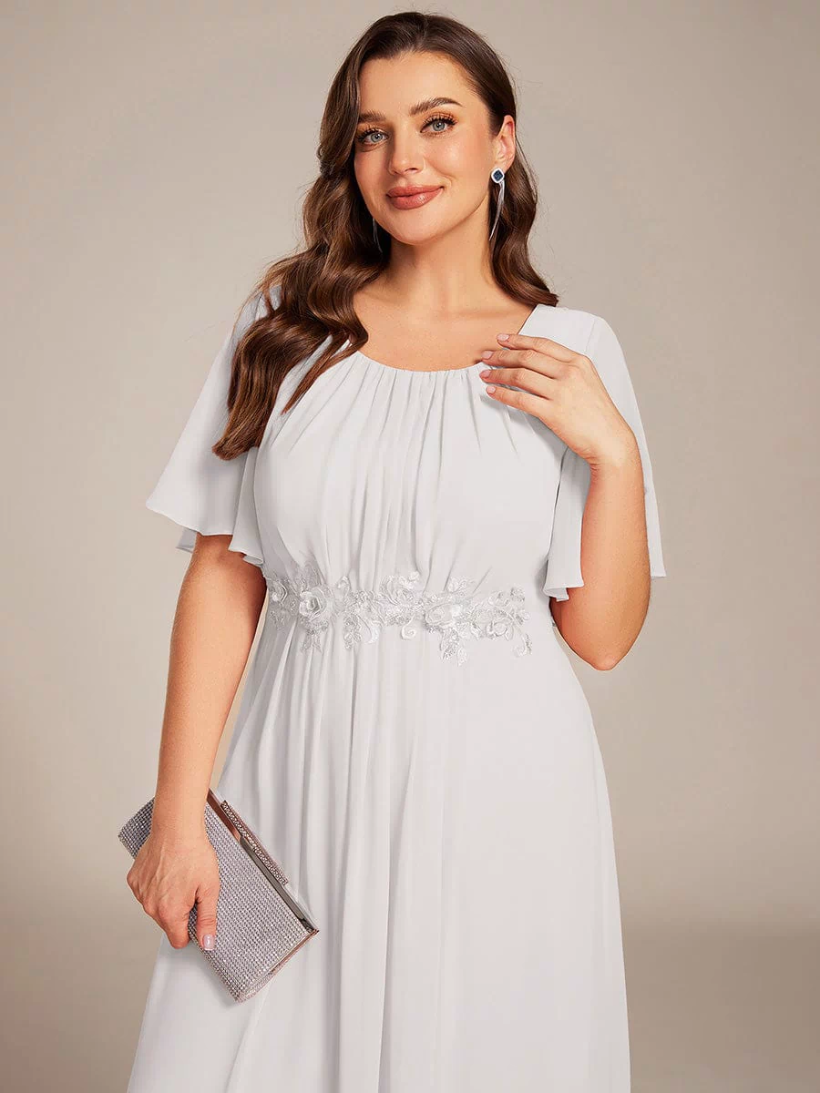 Plus Size Pleated Waist Applique Maxi Bridesmaid Dress #color_White