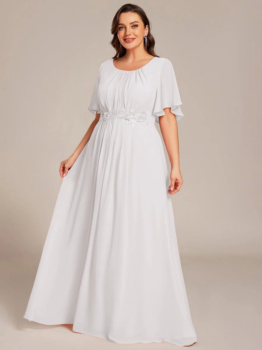 Plus Size Pleated Waist Applique Maxi Bridesmaid Dress #color_White