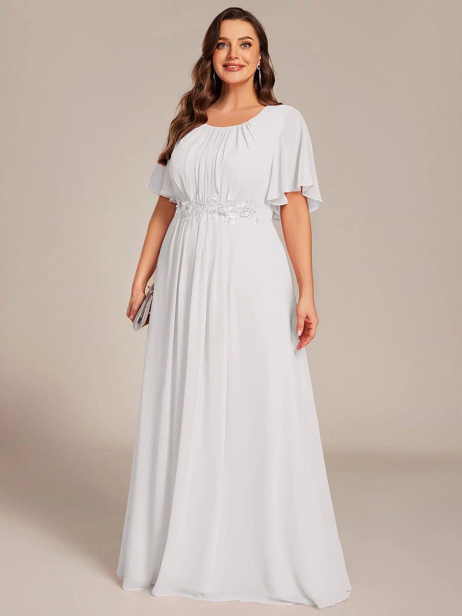 Plus Size Pleated Waist Applique Maxi Bridesmaid Dress #color_White