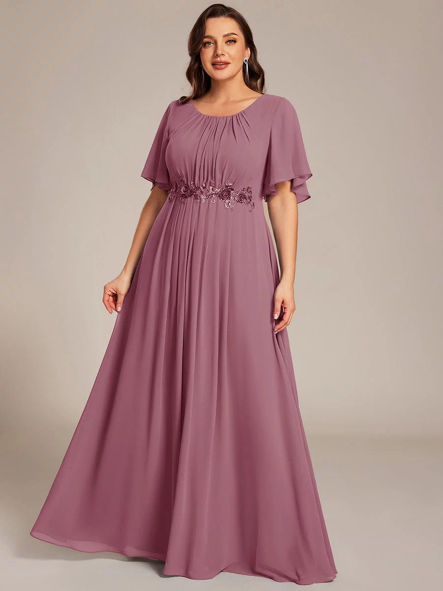 Plus Size Pleated Waist Applique Maxi Bridesmaid Dress #color_Purple Orchid