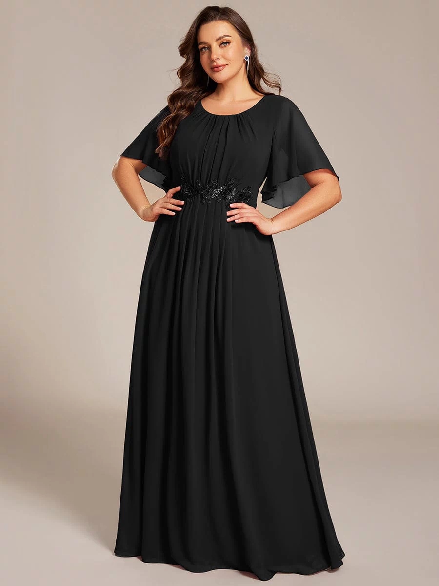 Plus Size Pleated Waist Applique Maxi Bridesmaid Dress #color_Black