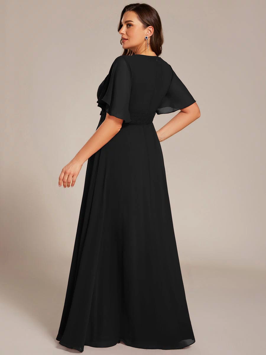 Plus Size Pleated Waist Applique Maxi Bridesmaid Dress #color_Black