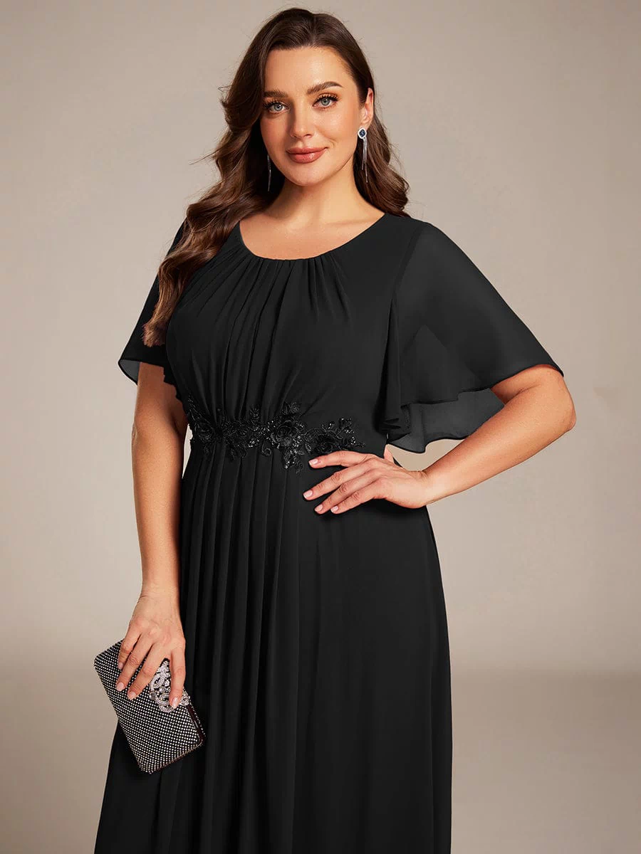 Plus Size Pleated Waist Applique Maxi Bridesmaid Dress #color_Black