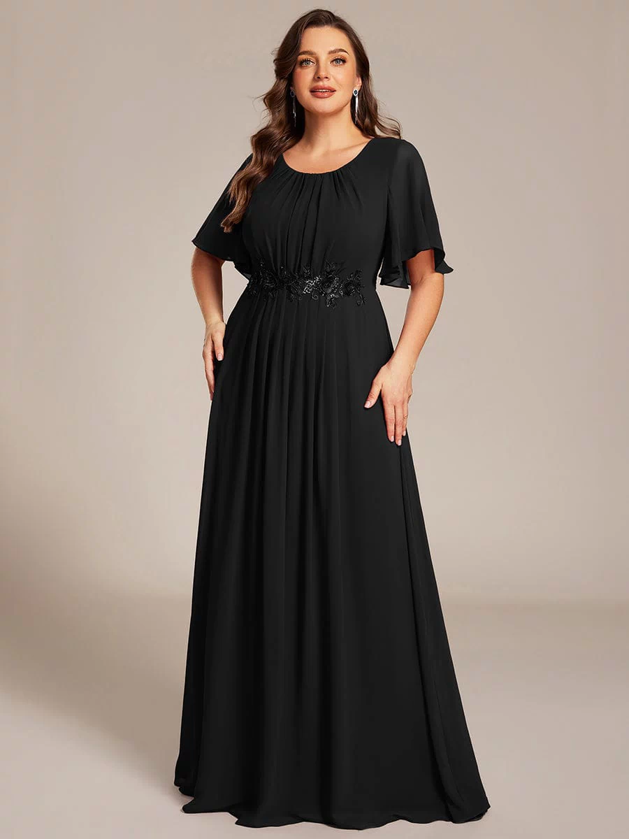 Plus Size Pleated Waist Applique Maxi Bridesmaid Dress #color_Black