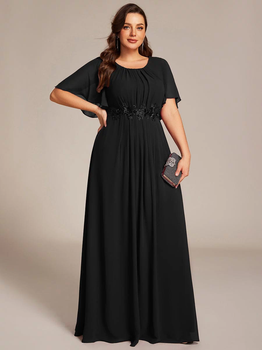 Plus Size Pleated Waist Applique Maxi Bridesmaid Dress #color_Black