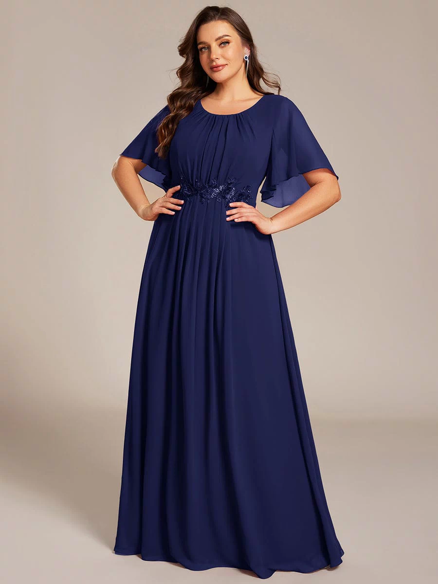 Plus Size Pleated Waist Applique Maxi Bridesmaid Dress #color_Navy Blue