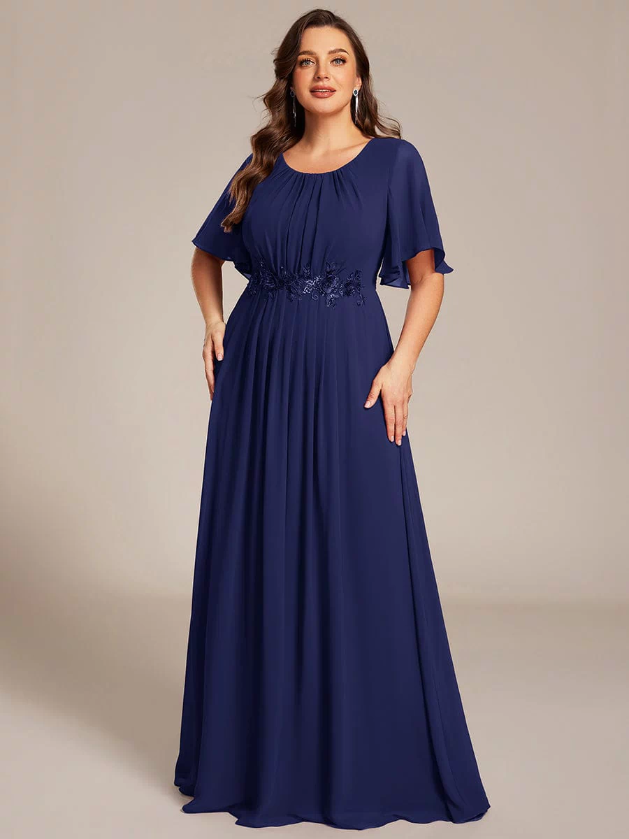 Plus Size Pleated Waist Applique Maxi Bridesmaid Dress #color_Navy Blue