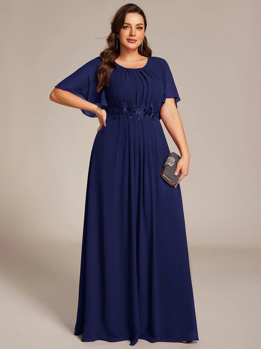 Plus Size Pleated Waist Applique Maxi Bridesmaid Dress #color_Navy Blue