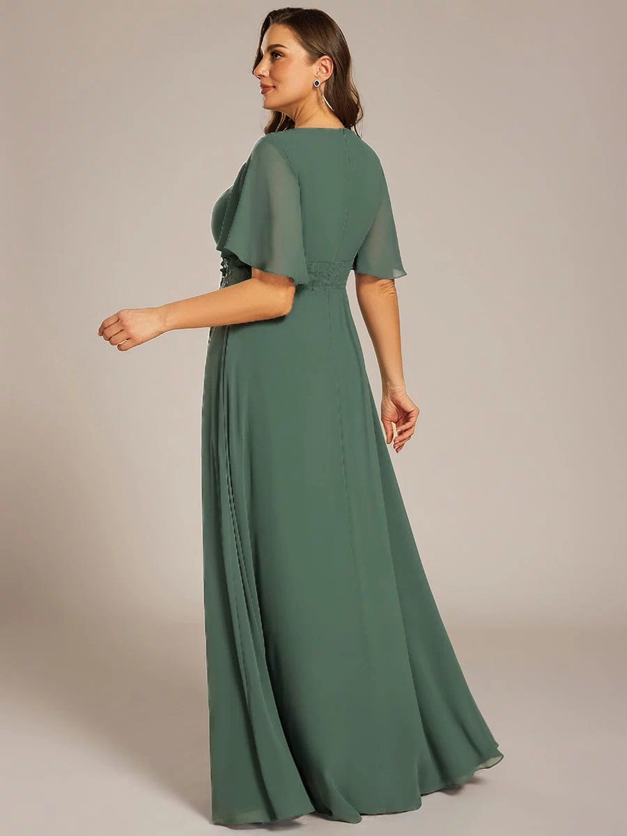Plus Size Pleated Waist Applique Maxi Bridesmaid Dress #color_Eucalyptus